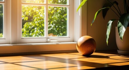Golden sunlight streams through a window illuminating an egg on a wooden surface with lush greenery outside