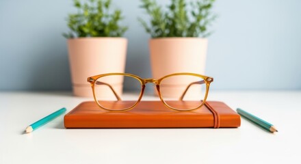 Stylish eyeglasses rest on a leather bound notebook with pencils and potted plants in the background