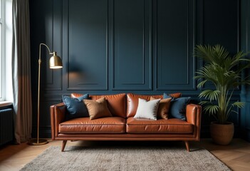 dark moody living room, navy walls, leather sofa, brass lamps, cinematic interior
