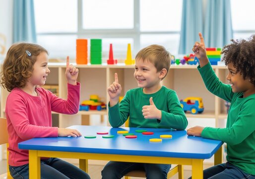 Excited diverse kids learning counting game in bright classroom with colorful toys and raise fingers with happy smiles