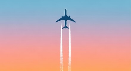 A solitary jet airplane ascends into a gradient sky leaving a prominent contrail trail behind it