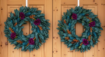 Two rustic handmade teal leaf wreaths with purple accents adorn a warm wooden double door perfect for autumn or winter