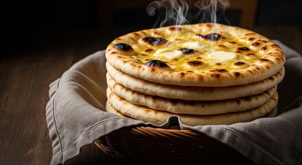 Golden naan bread stack with melting butter, fresh from the oven on rustic wooden table, enticing aroma and texture