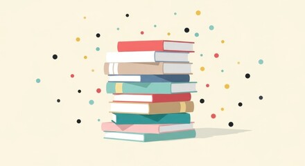 A tall stack of colorful open books with scattered confetti against a light textured background