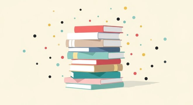 A tall stack of colorful open books with scattered confetti against a light textured background