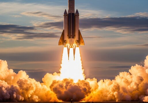 Powerful rocket launch with vibrant flames against dramatic sky for aerospace technology and space exploration projects