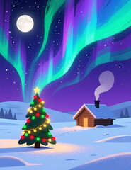 Naklejka premium Christmas Tree Shines Under Northern Lights