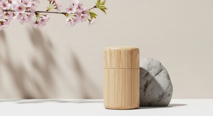 Natural bamboo container and stone displayed under cherry blossom branches with soft sunlight shadows