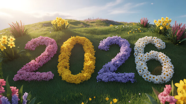 Celebrating the arrival of 2026 with a vibrant display of floral numbers nestled in a lush green field under a clear blue sky, symbolizing growth and renewal