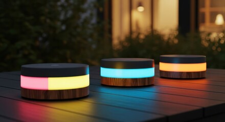 Three modern outdoor solar powered lanterns with colorful led lights illuminating a wooden table at dusk