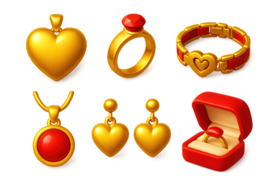 Romantic Jewelry Icons. 3D icon set of romantic jewelry: locket, rose gold ring, couple's bracelet, pendant with initials,