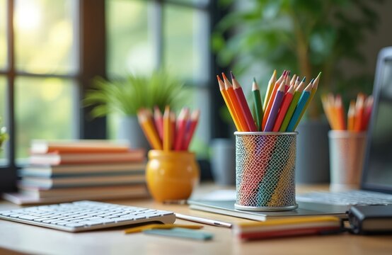 Colorful pencils in cups, modern white keyboard, laptop sit on light wood desk. This organized home office workspace features books, green plants near bright window. It is creative studio space.