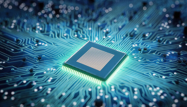 Moderne Halbleiterfertigungsanlage mit leuchtendem blauen und gr&uuml;nen Schaltkreis