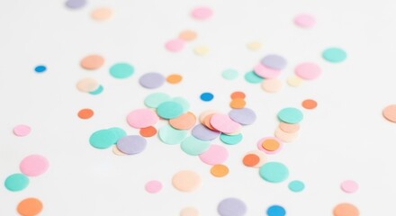 A vibrant explosion of pastel colored confetti scattered across a clean white background creating a festive and celebratory atmosphere