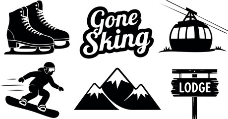 Skiing winter sport mountain lodge ice skates snowboard cable car vector illustration