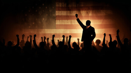 Civil rights activists stand united in front of an American flag, raising fists for justice and freedom