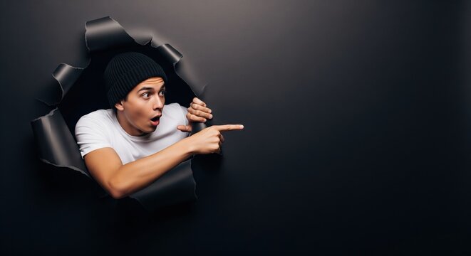 Surprised young man breaking through dark paper pointing to exciting news or big sale announcement with copy space