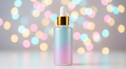 Iridescent dropper bottle with golden cap stands against a soft bokeh background of colorful lights