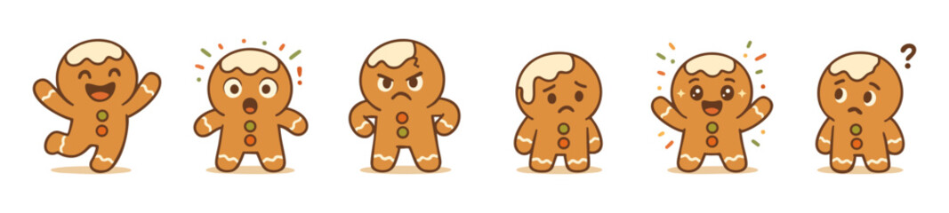Gingerbread Men with Various Expressions in a Row on a White Background