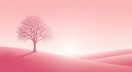 Serene pink landscape with a bare tree silhouetted against a softly glowing horizon