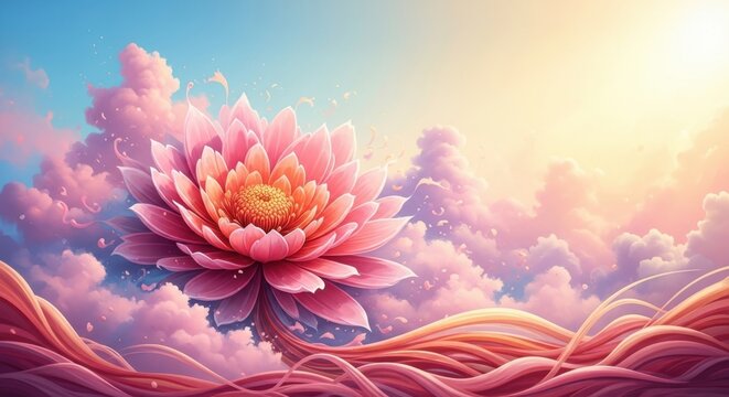Surreal dreamscape with a giant pink peony flower emerging from wispy clouds and flowing pink landscape