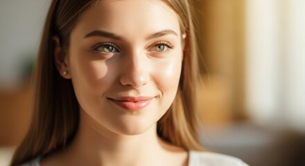 Naklejka premium Attractive young woman smiling and looking away in the sunlight indoors