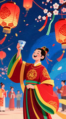 Fototapeta premium Woman toasts celebration with tea during Chinese New Year festivities