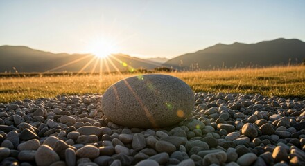 Serene sunrise over mountain landscape illuminating a large spherical stone on a rocky shoreline