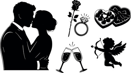 Romantic couple silhouette wedding engagement ring rose heart chocolates cupid vector illustration