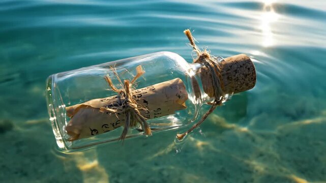 Glass bottle with cork containing rolled paper message floating on clear turquoise water surface under bright sunlight symbolizing hope and sos communication for survival adventure concepts