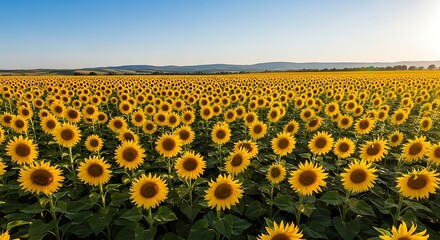 Fototapeta premium A vast field filled with sunflowers under a clear blue sky at daytime