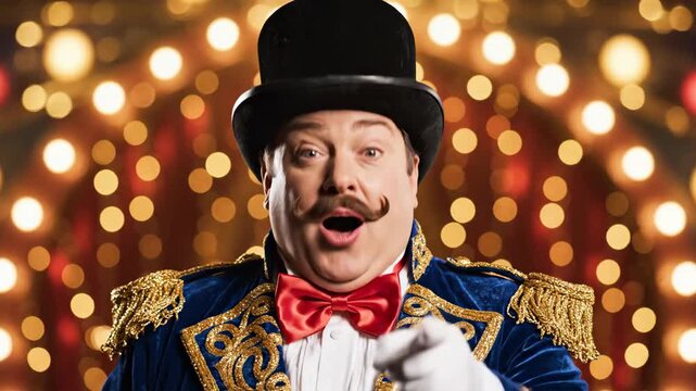 Surprised circus ringmaster in blue costume and top hat pointing finger directly at camera with excited facial expression against sparkling bokeh lights background for entertainment advertisement conc