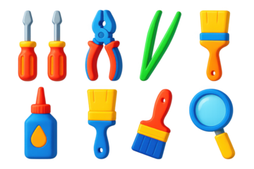 Vibrant Repair Tools Icons. 3D icon set of repair tools: screwdrivers, pliers, tweezers, brushes, lubricants, magnifying glasses.
