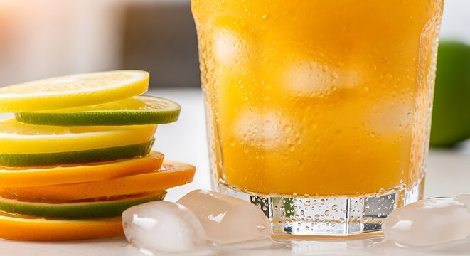 Iced drink with citrus slices stacked next to the glass on a white surface