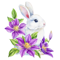 White bunny with vibrant purple clematis flowers in elegant spring watercolor botanical illustration, cute baby animal