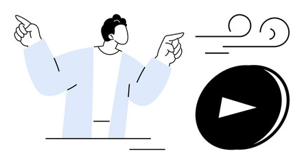 Person pointing toward a play button with dynamic motion lines and abstract wind elements. Ideal for media, creativity, direction, decision-making, marketing, streaming, entertainment, simple flat