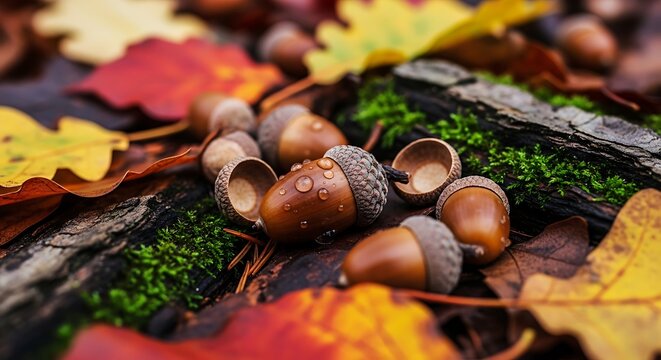 A close up of acorns and fallen leaves on mossy wood during the autumn season - Powered by Adobe