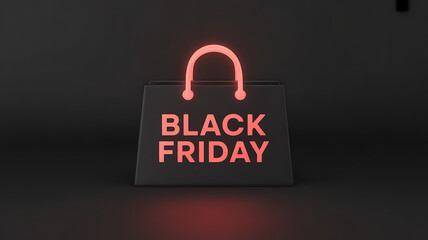 A 3d rendering of a black shopping bag with the words black friday in red, illuminated against a dark background, creating a sense of anticipation