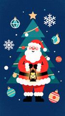 Santa Claus holding lantern near Christmas tree for holiday greetings
