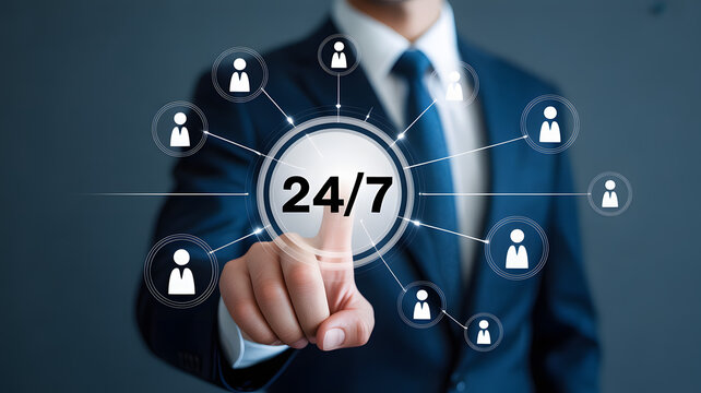 Professional businessman activating 24/7 customer support with digital interface showing team connections, ideal for helpdesk and service promotions