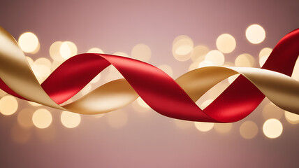 Elegant swirl of red and gold ribbon against a soft, blurred background of bokeh lights, creating a festive and celebratory atmosphere for holidays and special occasions