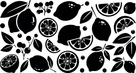 Lemon fruit slices berries leaves vector illustration citrus fresh design black and white style