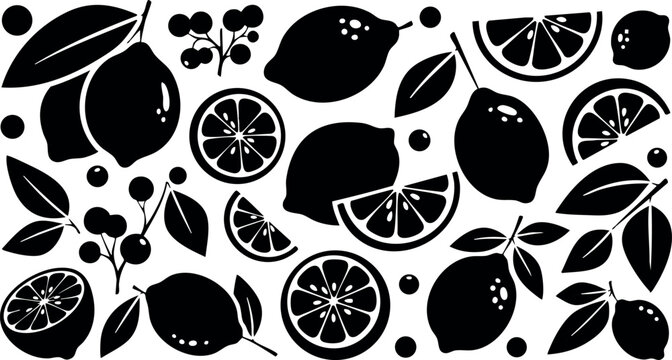 Lemon fruit slices berries leaves vector illustration citrus fresh design black and white style