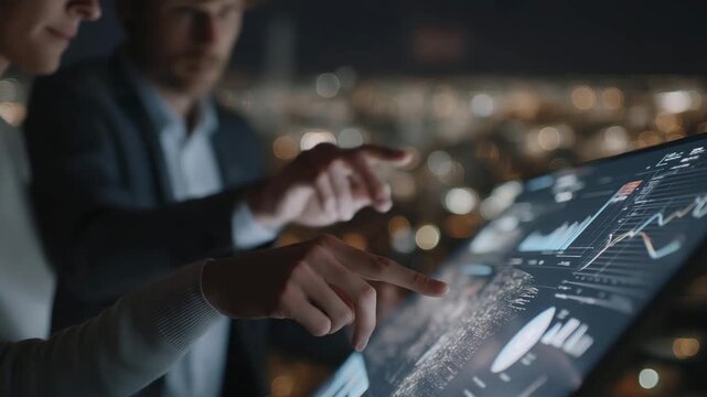 Close-up of avatars manipulating KPIs, performance dashboards, and campaign simulations, highlighting virtual collaboration, competitive strategy visualization, and immersive marketing technology.