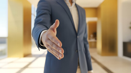 A businessman in a suit extends his hand for a handshake in a modern, bright office, symbolizing agreement, partnership, and welcoming new opportunities