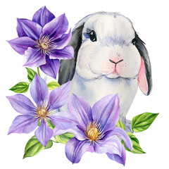 Bunny with soft gray ears surrounded by purple clematis flowers in delicate watercolor spring illustration for kids design