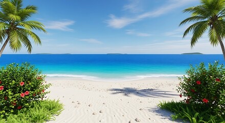 A tropical beach with palm trees, white sand, and clear blue ocean water