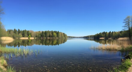 Obraz premium Serene lake view with clear blue sky and reflections of trees in the water