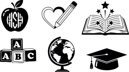 Education icons set with apple pencil heart book globe blocks graduation cap vector illustration