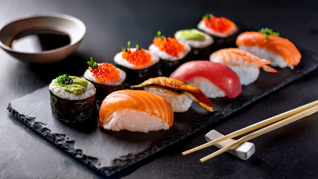 A sophisticated and appetizing side-view shot of an assorted sushi and sashimi platter, elegantly arranged on a dark, rustic slate serving board. The variety includes Salmon Nigiri, Tuna Nigiri, Shrim - Powered by Adobe